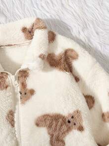 SHEIN 女大童熊圖案拉鏈開襟毛絨夾克 - 米色 - 查看 3