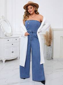 SHEIN Essnce Plus 1pc Button Front Wide Leg Tube Denim Jumpsuit - Medium Wash - View 5