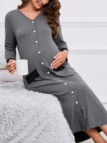 SHEIN Maternity Button Front Ribbed Knit Sleep Dress For Mother, Pajama Dress - Dark Grey - View 1
