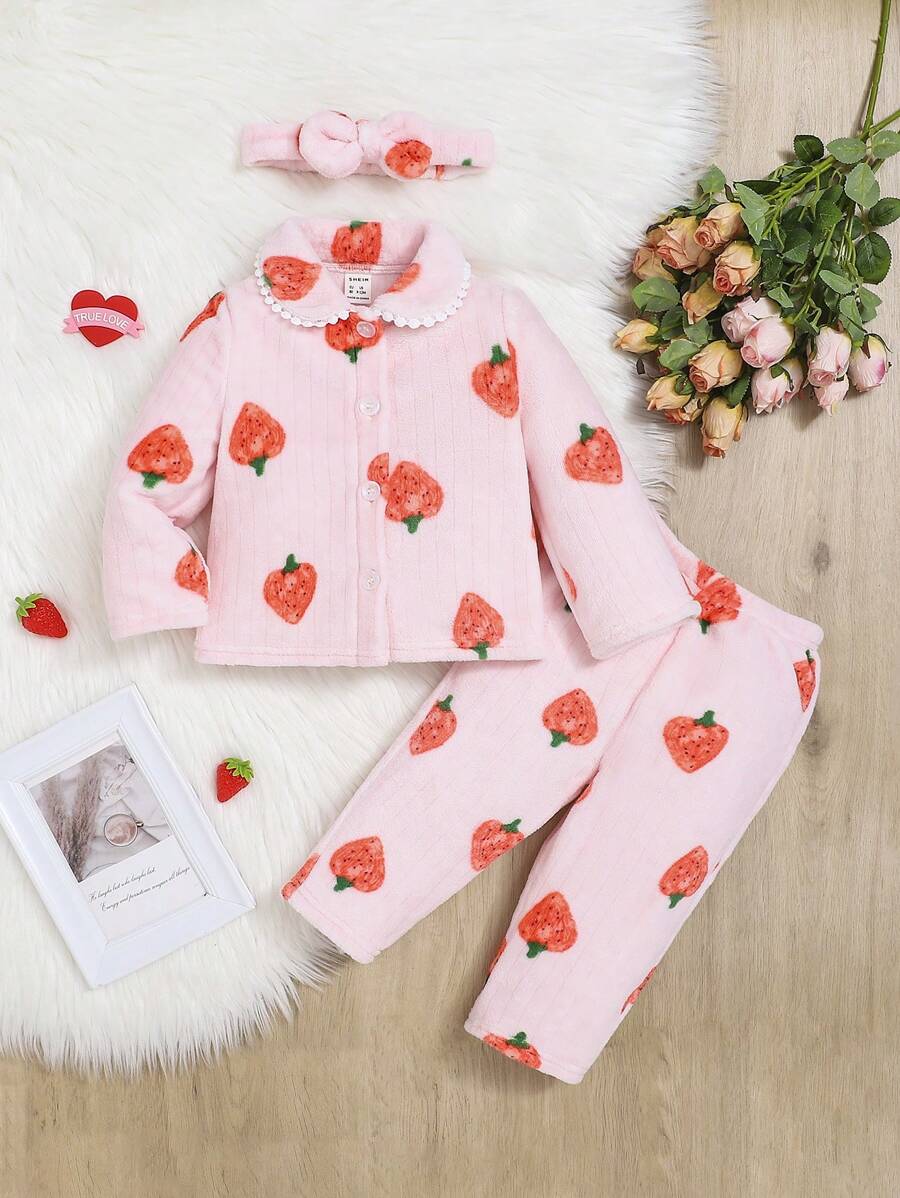 SHEIN 女嬰草莓圖案睡衣套裝和頭巾 - 粉色 - 查看 1