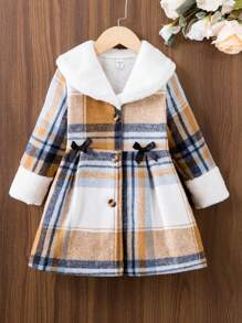 SHEIN Young Girl 1pc Plaid Print Borg Collar Bow Front Overcoat - Multicolor - View 1