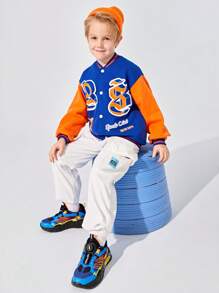 SHEIN Tween Boy Letter Graphic Colorblock Drop Shoulder Varsity Jacket - Blue - View 5