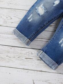 Baby Boy Elastic Waist Ripped Roll Hem Jeans - Medium Wash - View 5