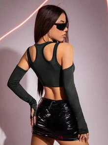 SHEIN ICON 拉鍊不對稱下擺露肩短款T恤 - 黑色 - 查看 2