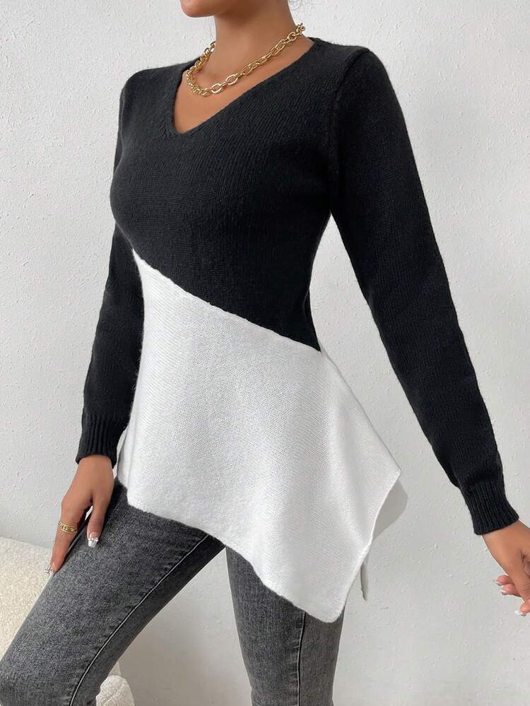 Two Tone V Neck Knit Pullover Fall Winter Sweater