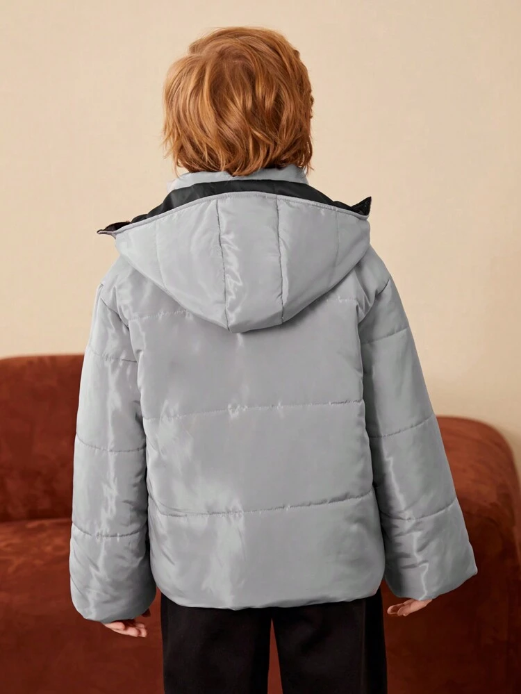 Tween Boys Casual Letter Print Stand Collar Hooded Thick Quilted Winter Parka Coat Jacket