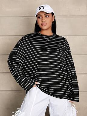 SHEIN EZwear Plus Size Loose Striped Long Sleeve T-shirt With Drop Shoulder