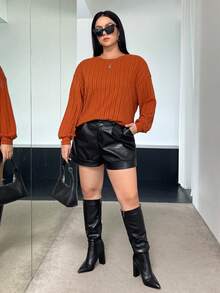 SHEIN Essnce Talla grande Camiseta de hombros caídos tejido de canalé - Naranja Quemada - Ver 6