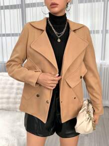 SHEIN Essnce Lapel Neck Double Breasted Flap Pocket Overcoat - Camel - View 1