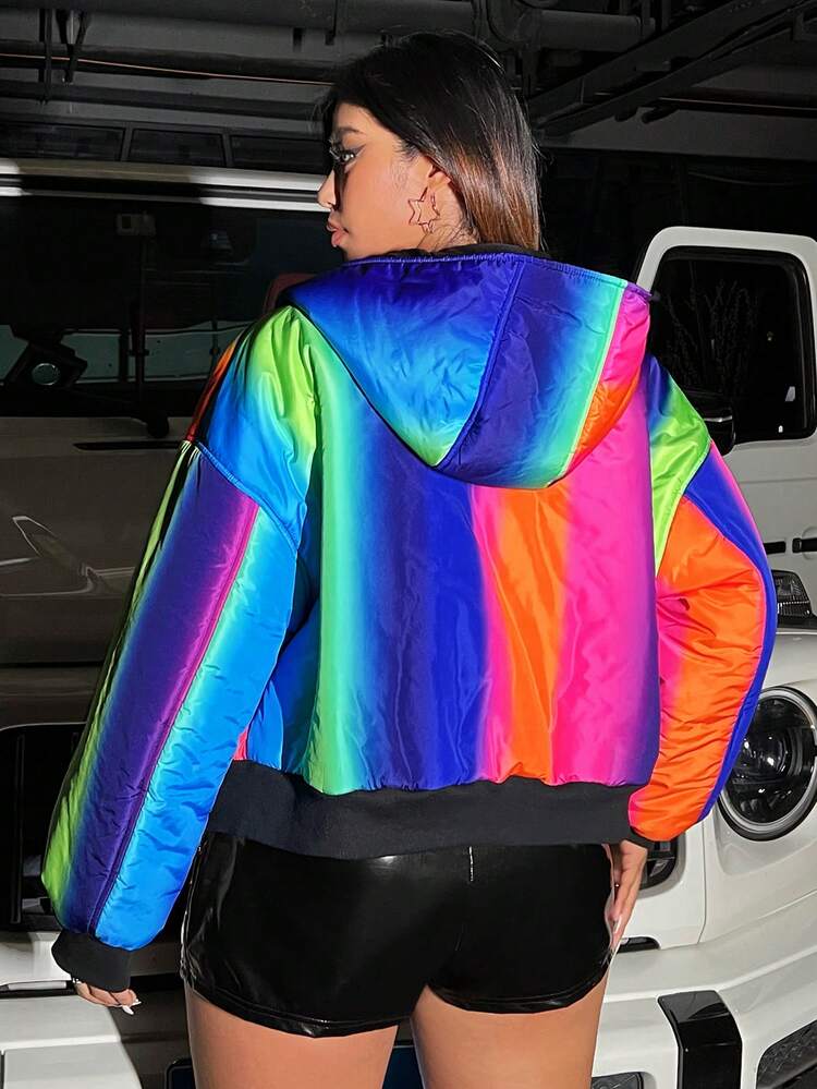 Plus Size Colorblock Drop Shoulder Hooded Padded Padded Coat Clothes Winter