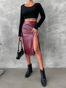 SHEIN Cottnline High Waist Split Thigh PU Leather Skirt - Red Violet - View 4
