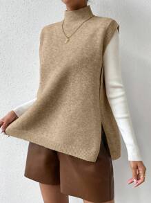 SHEIN Essnce Mock Neck Slit Hem Sweater Vest - Khaki - View 6