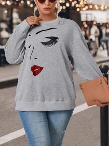 SHEIN LUNE 大码印花落肩卫衣，适合毕业季、返校季、教师节等场合，女士款，秋冬返校套头衫。 - 灰色 - 查看 4