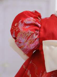 女嬰蝴蝶印花泡泡袖蝴蝶結洋裝 - 紅色 - 查看 6