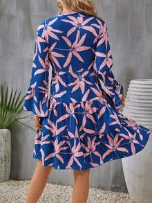 SHEIN VCAY Váy viền tay loe in họa tiết nhiệt đới - Màu xanh lam - Xem 2