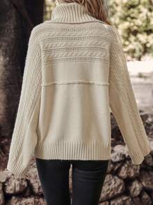 SHEIN LUNE Turtleneck Drop Shoulder Pointelle Button Detail Knit Sweater - Apricot - View 2