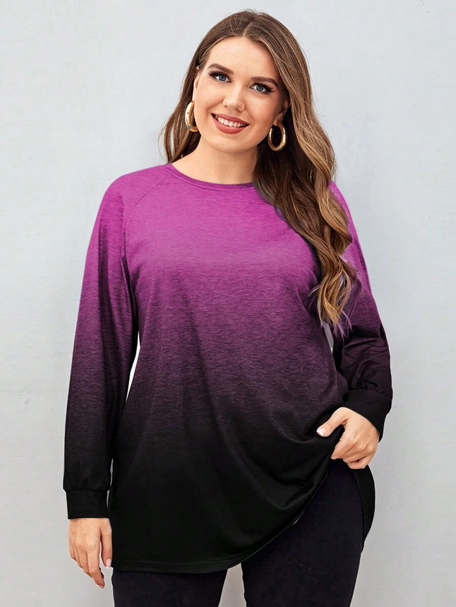 Mulvari Plus Ombre Raglan Sleeve Tee Graphic Tees Women Tops - Red Violet - View 1