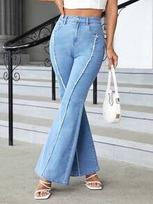 SHEIN Essnce Raw Trim Flare Leg Jeans - Light Wash - View 5