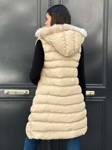 EURMUSE 1pc Drawstring Waist Fuzzy Trim Hooded Puffer Vest Coat - White - View 2