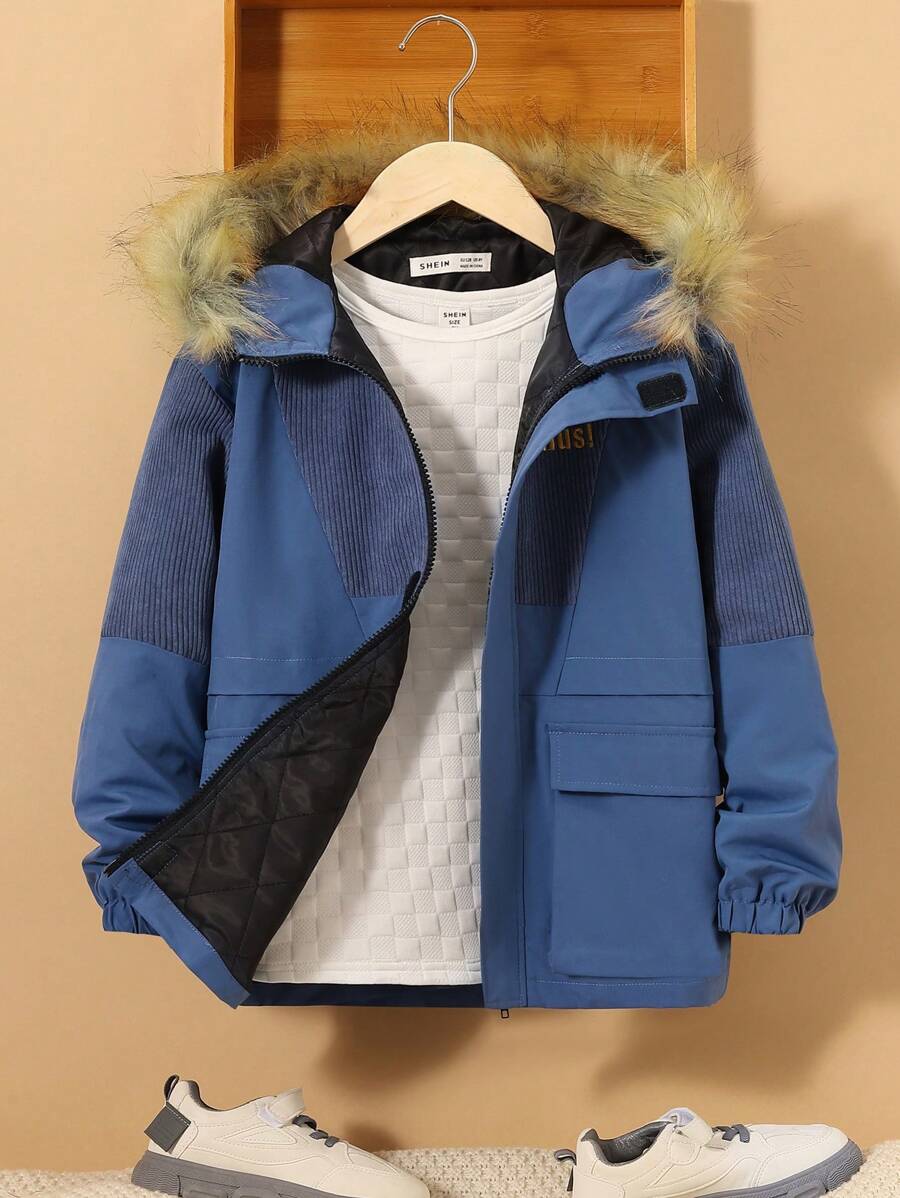 SHEIN Tween Boy 单件翻盖口袋毛绒装饰连帽夹棉大衣