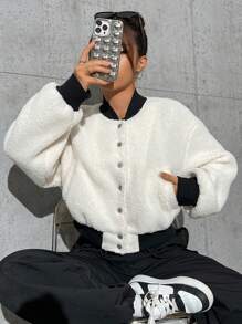 SHEIN EZwear Drop Shoulder Contrast Trim Teddy Bomber Jacket - Black and White - View 1