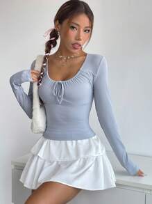 SHEIN EZwear Nút thắt cổ áo phía trước - Xám - Xem 3