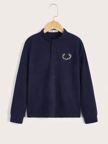 SHEIN Tween Boy Embroidery Antlers Half Button Placket Polo Shirt - Navy Blue - View 1