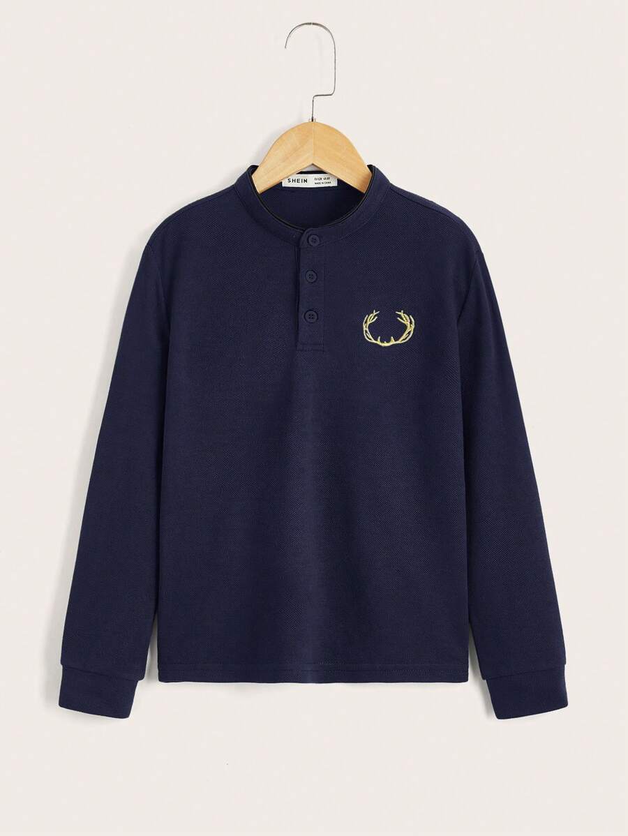 SHEIN Tween Boy Embroidery Antlers Half Button Placket Polo Shirt - Navy Blue - View 1