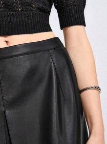 SHEIN Essnce PU Leather Pleated Skirt - Black - View 6