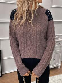 SHEIN Clasi Pearls Beaded Cable Knit Drop Shoulder Sweater - Coffee Brown - View 6