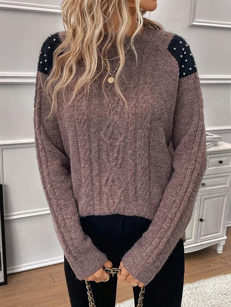 Pearls Beaded Cable Knit Drop Shoulder Sweater