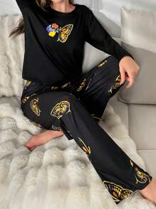 蝴蝶圖案睡衣套裝 - 黑色 - 查看 6