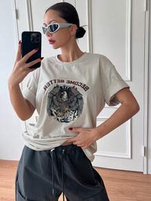 DAZY Letter & Eagle Print Drop Shoulder Tee - Apricot - View 5