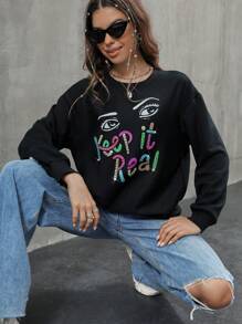 SHEIN Unity Slogan Graphic Rhinestone Detail Drop Shoulder Sweatshirt Pullover Fall Sweatshirt - Black - View 2