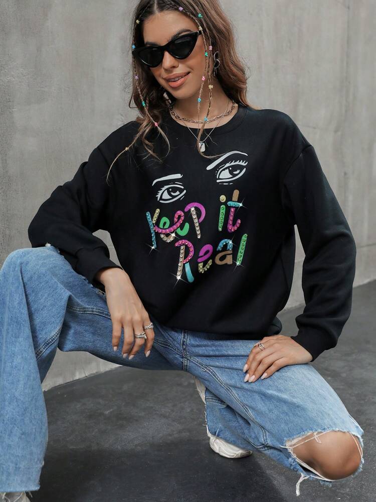 Slogan Graphic Rhinestone Detail Drop Shoulder Sweatshirt Pullover Fall Sweatshirt