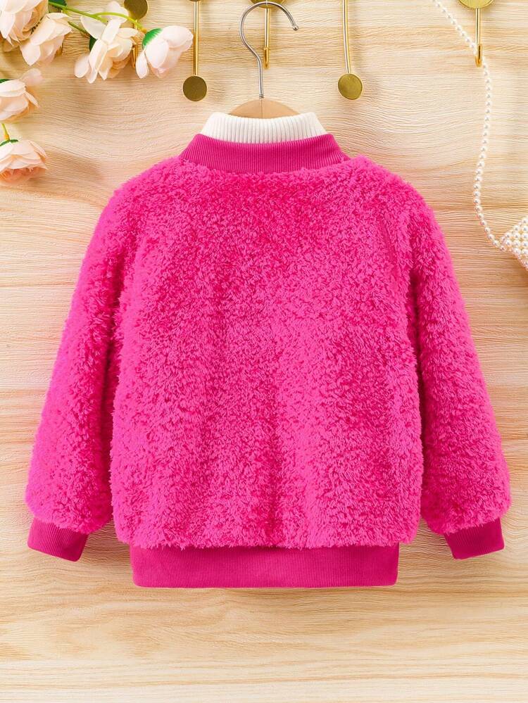 Young Girl 1pc Button Detail Teddy Bomber Jacket