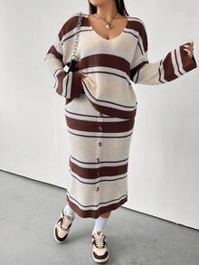 Flirla Plus Striped Pattern Drop Shoulder Sweater & Knit Skirt - Multicolor - View 6