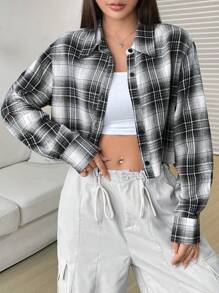 SHEIN EZwear Plaid Print Drop Shoulder Crop Shirt - Black - View 5