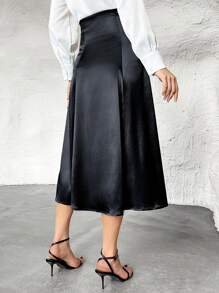 SHEIN Privé Rock mit hoher Taille, Knopf vorne - Schwarz - Übersicht 2