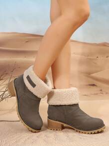 女士時尚靴子女士雪地靴冬季中筒靴,粗跟折邊毛皮踝靴 - 灰色 - 查看 2