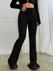 SHEIN EZwear SpringSolid 秋冬抽绳腰喇叭腿针织裤 - 黑色 - 查看 1