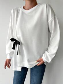 RueChic Drop Shoulder Knot Side Asymmetrical Hem Sweatshirt - Beige - View 3