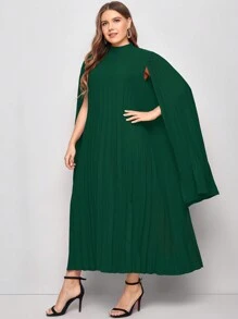 SHEIN Belle Plus Solid Pleated Cape Sleeve Cocktail Dress - Dark Green - View 5