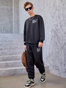 SHEIN Teen Boy Slogan Graphic Drop Shoulder Sweatshirt & Sweatpants - Black - View 4