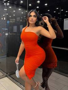 SHEIN SXY Orange Mesh Gathered Asymmetric One Shoulder Women's Dress - Burnt Orange - View 4