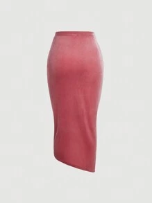 SHEIN MOD 素色圍裹下擺絲絨半身裙 - 粉色 - 查看 2