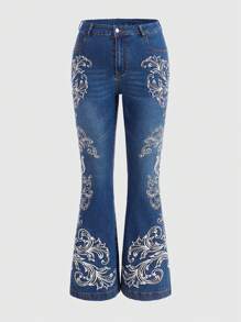 ROMWE Goth 大碼印花牛仔喇叭褲 - 藍色 - 查看 1