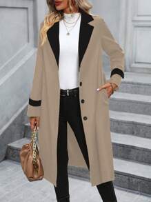 EMERY ROSE Contrast Panel Lapel Collar Belted Trench Coat - Khaki - View 4