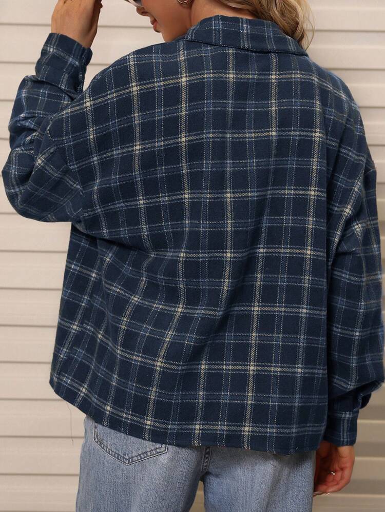 Plaid Print Drop Shoulder Flap Pocket Jacket Fall Winter Cloth For Women