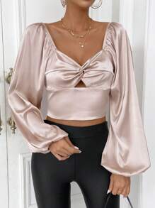 SHEIN Privé Twist Front Lantern Sleeve Crop Satin Blouse - Khaki - View 6